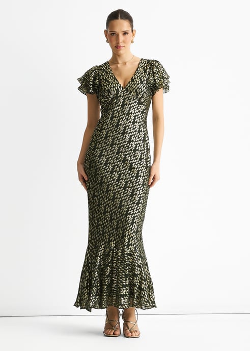 Dunkelgrünes Viskose-Clip-Gold-Jacquard-Maxikleid mit schrägem Schnitt - Image 1