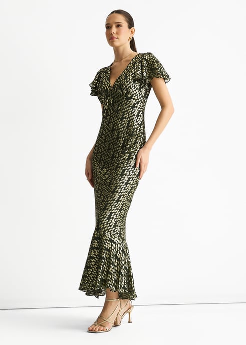 Dunkelgrünes Viskose-Clip-Gold-Jacquard-Maxikleid mit schrägem Schnitt - Image 3