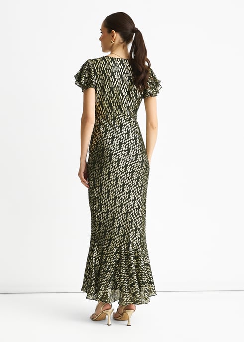 Dunkelgrünes Viskose-Clip-Gold-Jacquard-Maxikleid mit schrägem Schnitt - Image 4