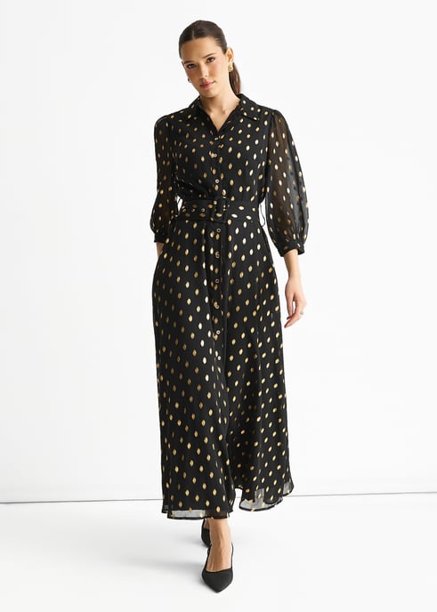 Schwarzes Chiffon-Foliengürtel-Maxi-Hemdkleid - Image 1