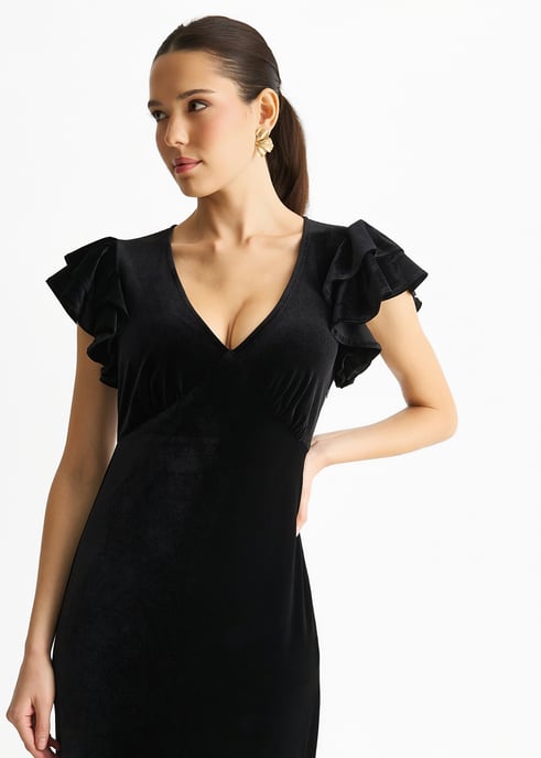 Schwarzes Maxikleid mit V-Ausschnitt und Rüschenärmeln aus Samt für jeden Anlass - Image 2