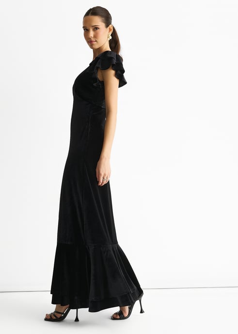Schwarzes Maxikleid mit V-Ausschnitt und Rüschenärmeln aus Samt für jeden Anlass - Image 3