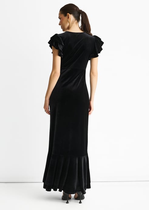 Schwarzes Maxikleid mit V-Ausschnitt und Rüschenärmeln aus Samt für jeden Anlass - Image 4