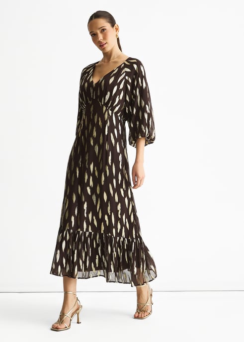 Schokoladenfarbenes Viskosekleid mit Ballonärmeln und Clipverschluss - Image 3