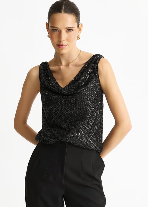 Schwarzes Pailletten-Cami-Top mit Rundhalsausschnitt - Image 3