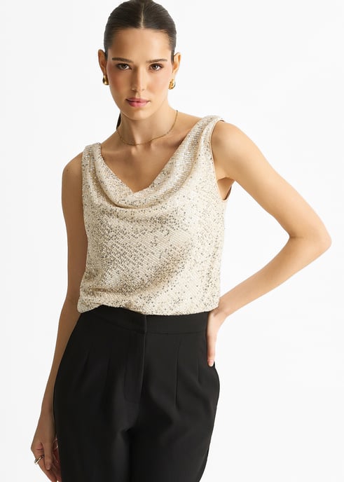 Champagnerfarbenes Pailletten-Cami-Top mit Rollkragen - Image 3