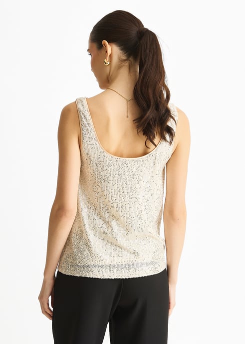 Champagnerfarbenes Pailletten-Cami-Top mit Rollkragen - Image 4