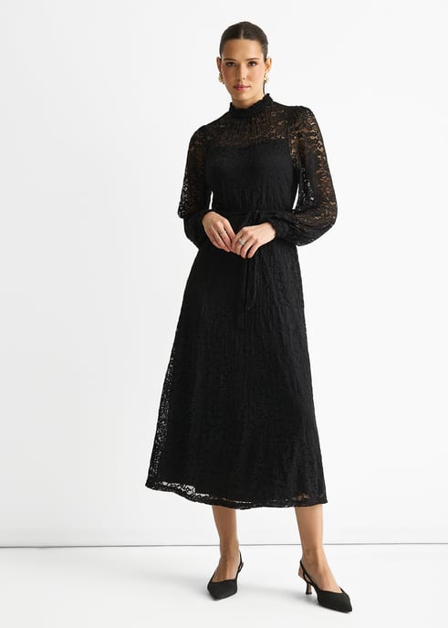 Schwarzes Midikleid aus Jersey mit hohem Halsausschnitt und Spitzeneinsatz - Image 1