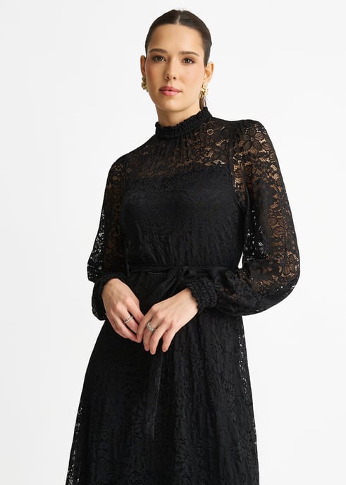 Schwarzes Midikleid aus Jersey mit hohem Halsausschnitt und Spitzeneinsatz - Image 2