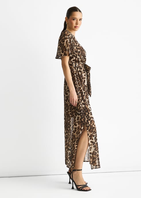 Braunes Chiffon-Tier-Lurex-Streifen-Wickel-Midikleid - Image 3