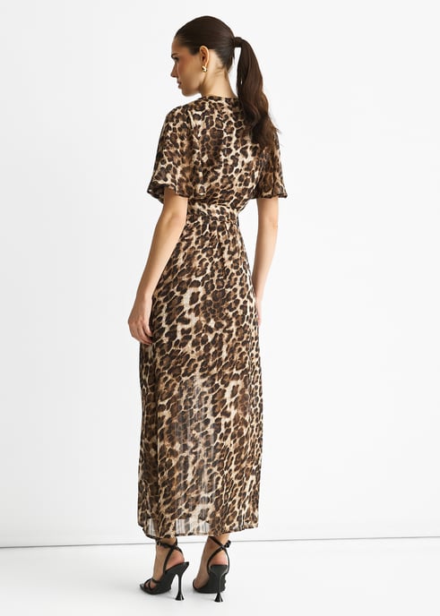 Braunes Chiffon-Tier-Lurex-Streifen-Wickel-Midikleid - Image 4