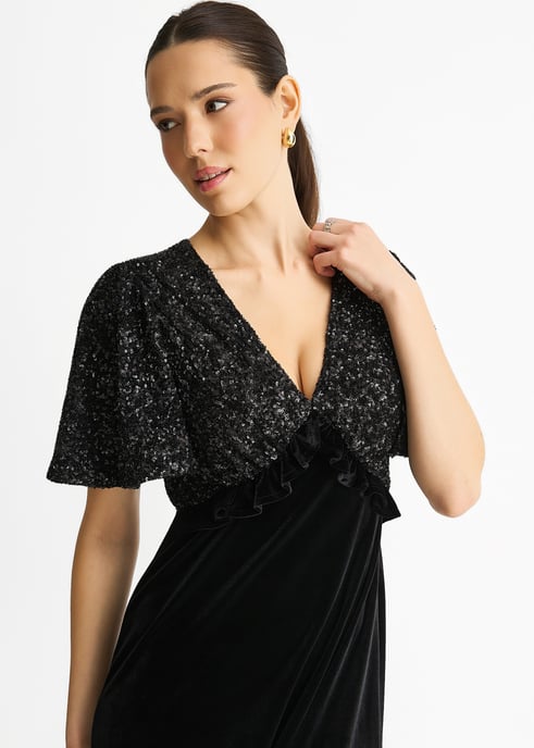 Schwarzes Pailletten-Top Premium Velvet Occasion Midikleid - Image 2