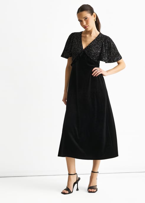 Schwarzes Pailletten-Top Premium Velvet Occasion Midikleid - Image 3