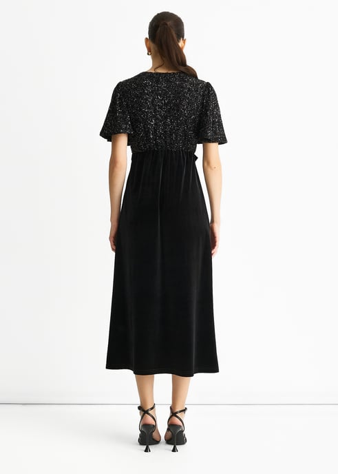 Schwarzes Pailletten-Top Premium Velvet Occasion Midikleid - Image 4