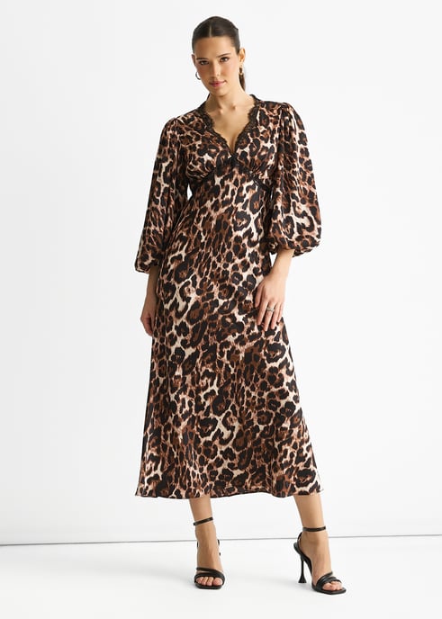 Braunes Midikleid mit Spitzenbesatz aus Satin in Tierform - Image 1