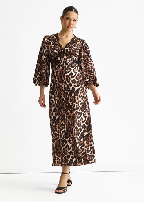 Braunes Midikleid mit Spitzenbesatz aus Satin in Tierform - Image 3