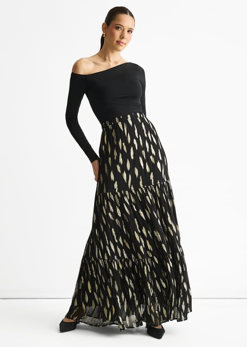 Schwarzer gestufter Jacquard-Maxirock mit Clip - Image 3