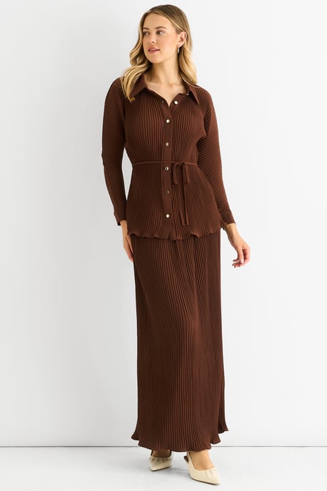 Schokolade Plissee Maxirock mit elastischer Taille - Image 1