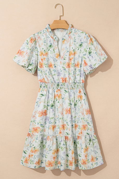 Blumiges Mini-Kleid mit gestuften Rock und Puffärmeln - Image 3