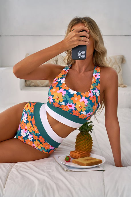 Blumen Hochbund Bikini Badeanzug - Image 6