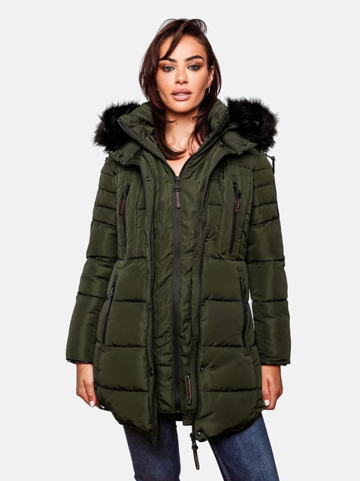 Marikoo lange Damen Winterjacke Moonshine mit Kunstfellkragen & Teddyfutter - Image 5