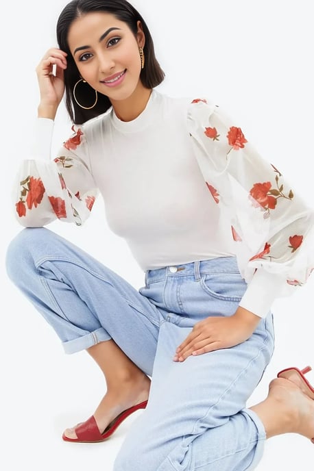 Floral Mesh Puff Sleeve Top - Image 2
