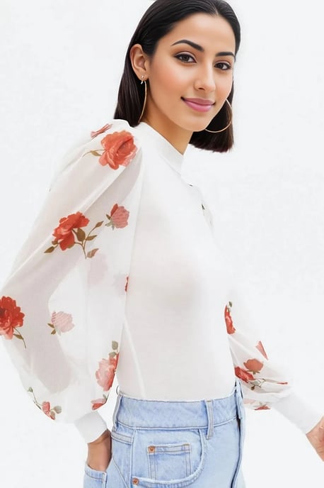 Floral Mesh Puff Sleeve Top - Image 6