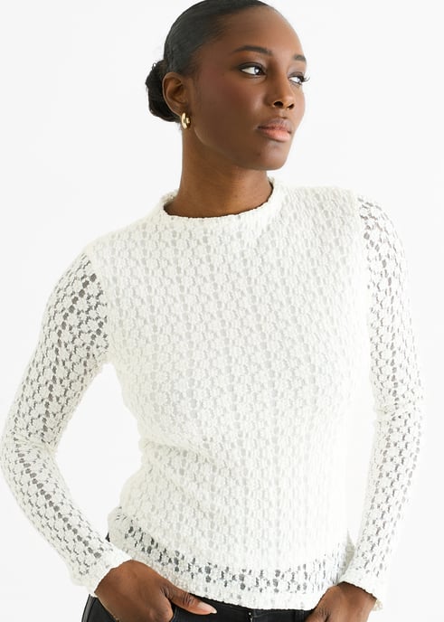 Weißes hochgeschlossenes Jersey-Spitzen-Top mit langen Ärmeln - Image 2
