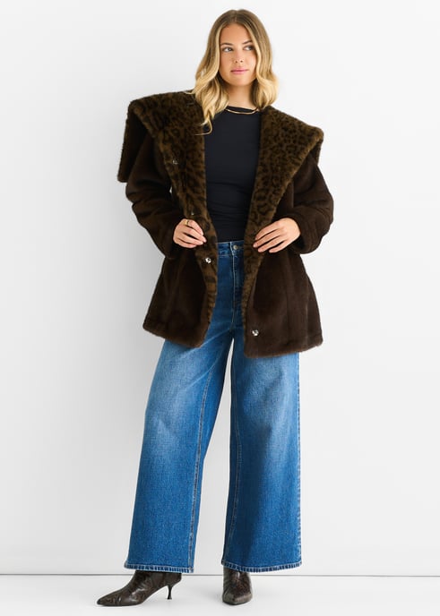 Schokolade Premium Kontrast Revers Kapuze Tier Kunstpelz Jacke - Image 1