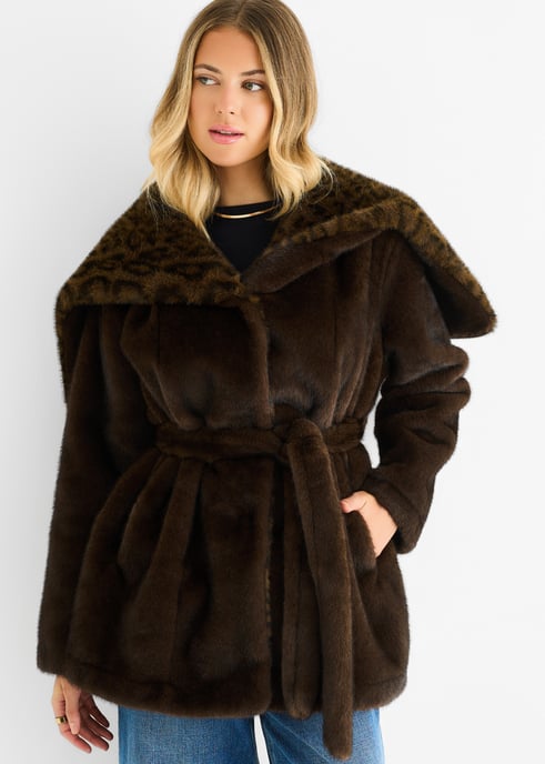 Schokolade Premium Kontrast Revers Kapuze Tier Kunstpelz Jacke - Image 2