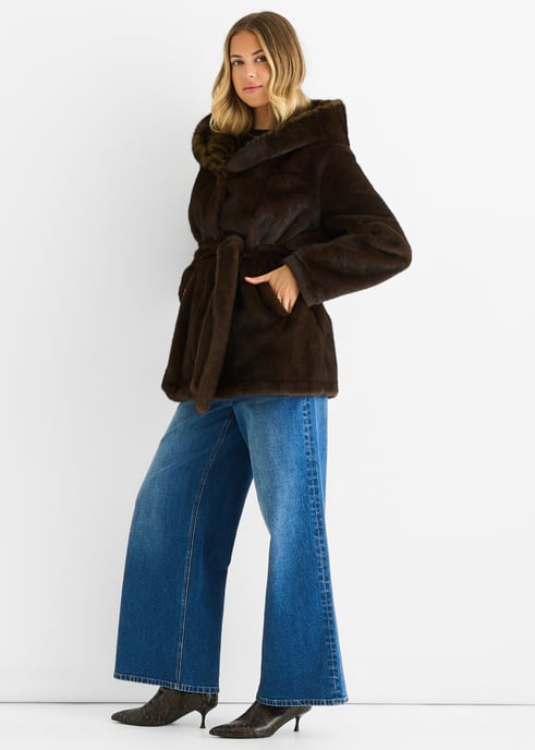 Schokolade Premium Kontrast Revers Kapuze Tier Kunstpelz Jacke - Image 3