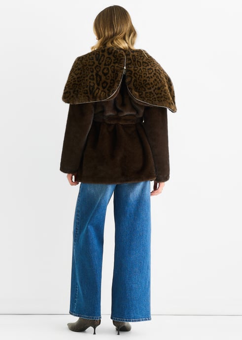 Schokolade Premium Kontrast Revers Kapuze Tier Kunstpelz Jacke - Image 4