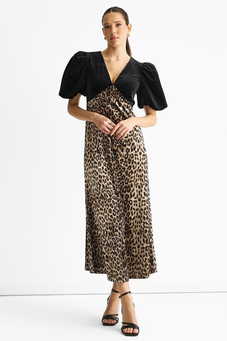 Schwarzes Midi-Kleid aus Tierfell-Samt mit Kontrast-Oberteil - Image 1