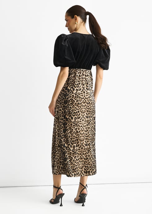Schwarzes Midi-Kleid aus Tierfell-Samt mit Kontrast-Oberteil - Image 4