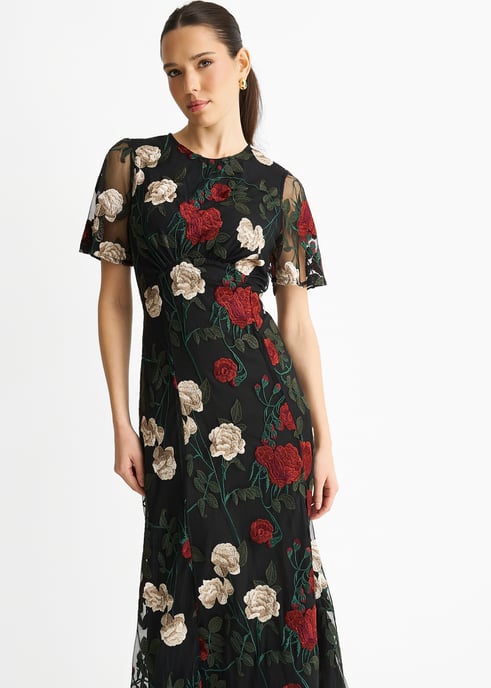 Schwarzes Midikleid mit bestickten Engelsärmeln für jeden Anlass - Image 3