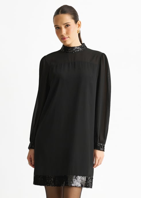 Schwarzes Minikleid mit Paillettenbesatz und hohem Gürtelausschnitt - Image 2