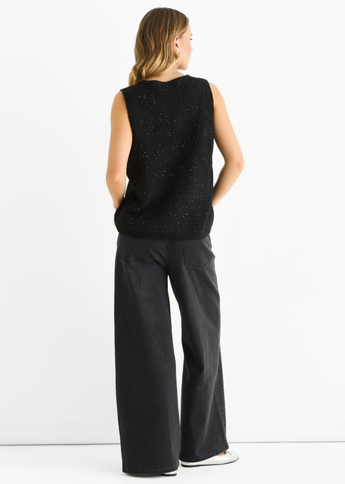 Schwarzer Strickpullover mit V-Ausschnitt und Paillettenbesatz - Image 4