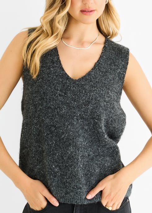 Grauer Strickpullover mit V-Ausschnitt und Paillettenbesatz - Image 2