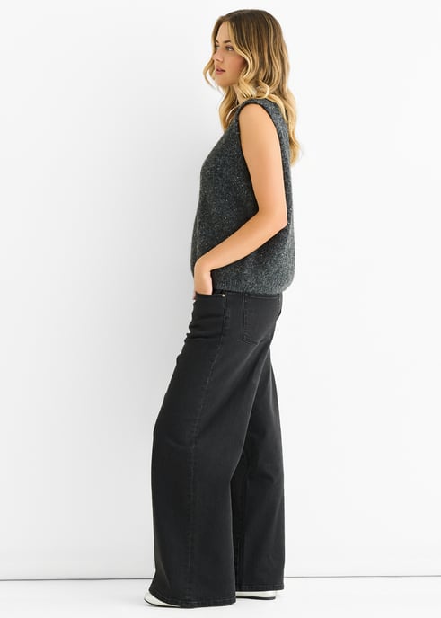 Grauer Strickpullover mit V-Ausschnitt und Paillettenbesatz - Image 3