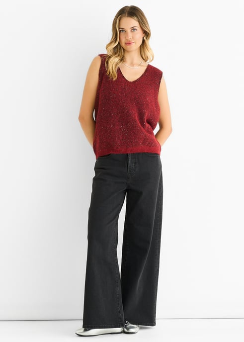 Roter Pailletten-Glitzer-Pullover mit V-Ausschnitt und Weste - Image 1