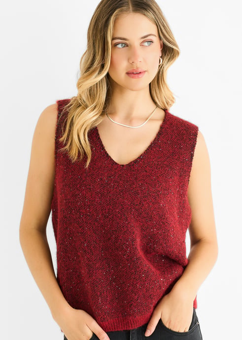 Roter Pailletten-Glitzer-Pullover mit V-Ausschnitt und Weste - Image 2