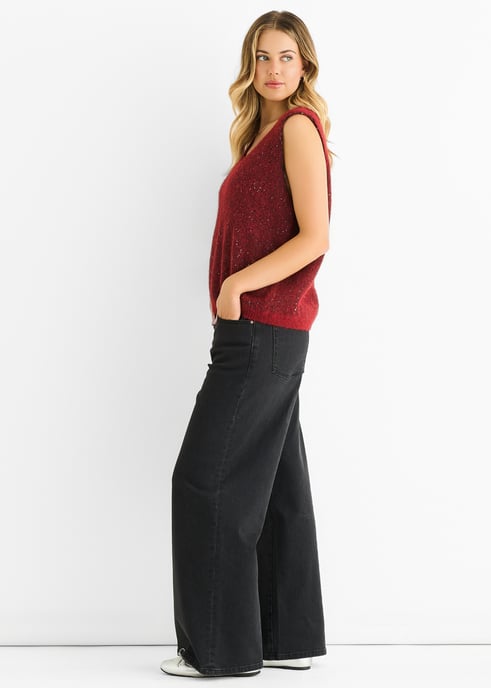 Roter Pailletten-Glitzer-Pullover mit V-Ausschnitt und Weste - Image 3