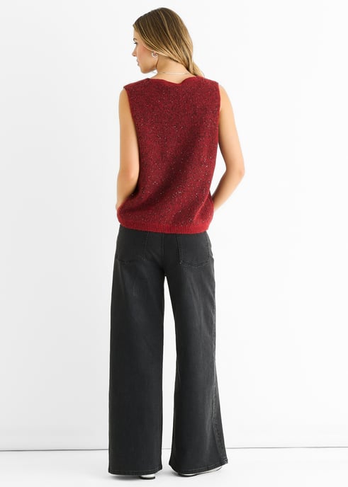 Roter Pailletten-Glitzer-Pullover mit V-Ausschnitt und Weste - Image 4