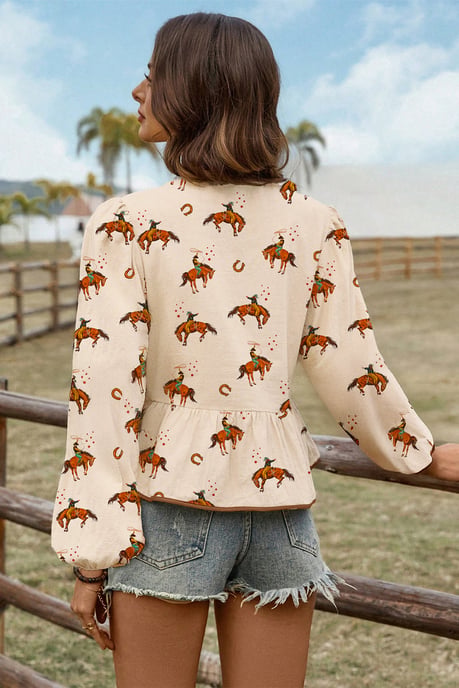 Cowboy-Print Krawatten-V-Ausschnitt Bluse - Image 2
