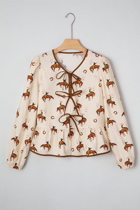 Cowboy-Print Krawatten-V-Ausschnitt Bluse - Image 3