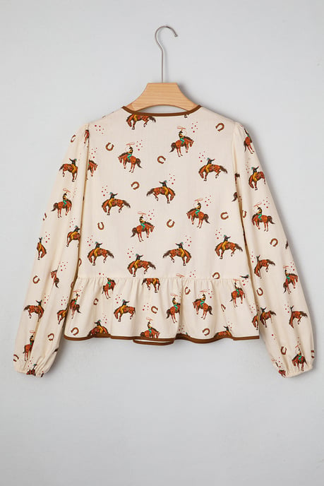 Cowboy-Print Krawatten-V-Ausschnitt Bluse - Image 4