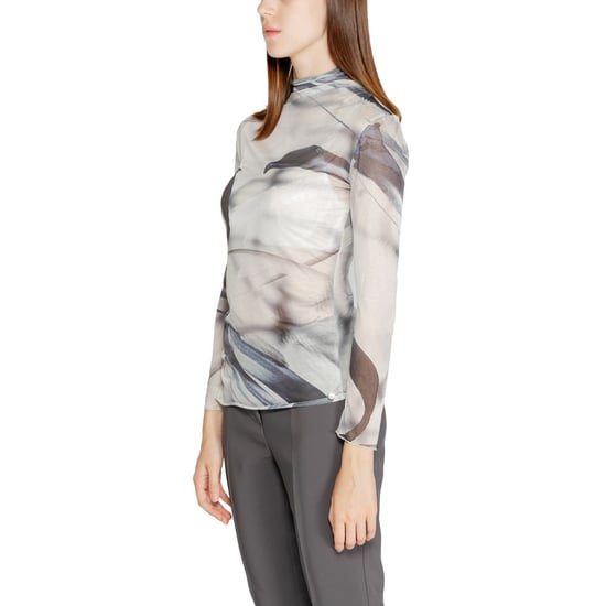 Abstraktes Druck-Mesh-Top mit Stehkragen und langen Ärmeln - Image 2