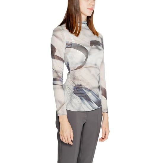 Abstraktes Druck-Mesh-Top mit Stehkragen und langen Ärmeln - Image 4