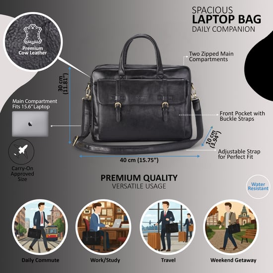 Echtes Leder Laptop Schwarz Satchel Messenger Crossbody Schultertasche - Belmont - Image 2