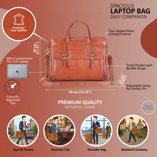 Echtleder Laptoptasche in Hellbraun, Messenger-Umhängetasche - Belmont - Image 2